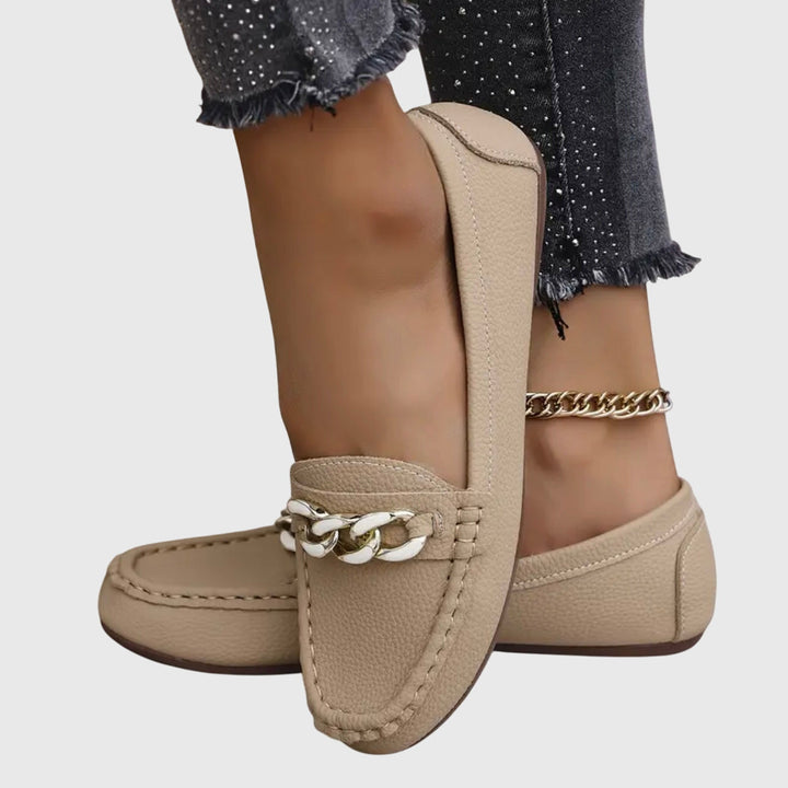 Womens Casual Slip-On Flat Loafers with Gold Chain Detail