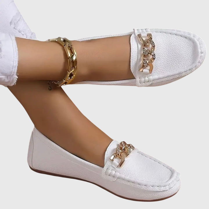 Womens Casual Slip-On Flat Loafers with Gold Chain Detail