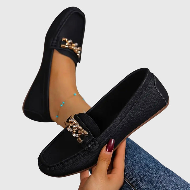 Womens Casual Slip-On Flat Loafers with Gold Chain Detail