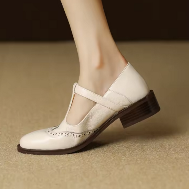 Womens Leather T-Strap Mary Jane Shoes Low Block Heel