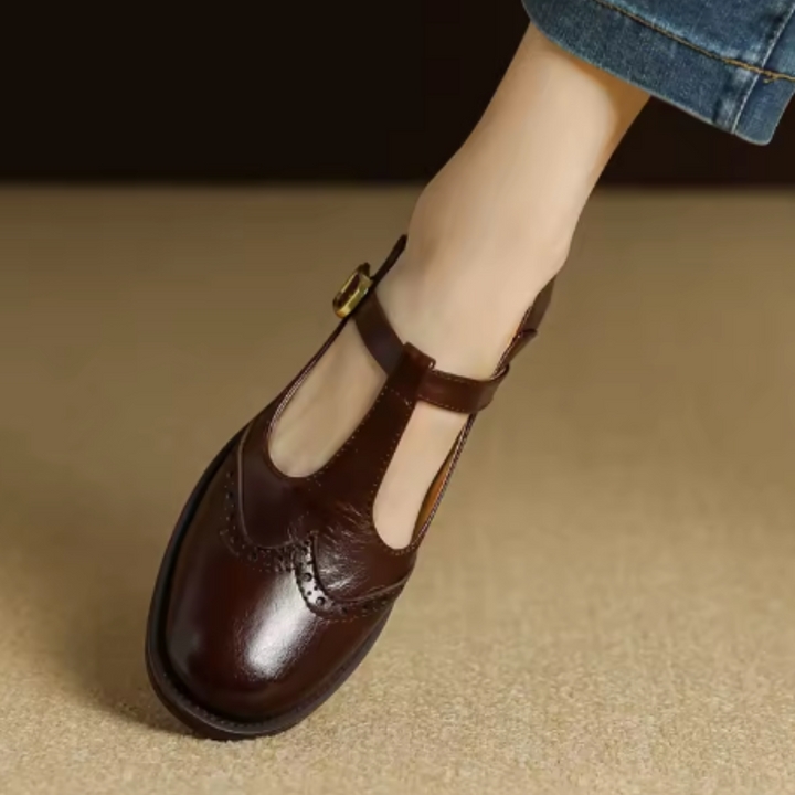 Womens Leather T-Strap Mary Jane Shoes Low Block Heel