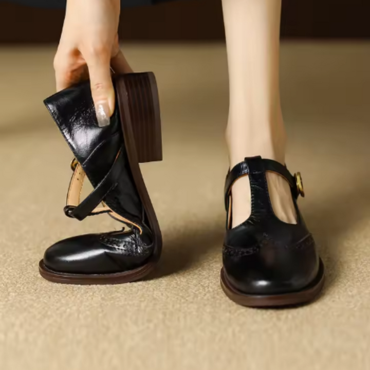 Womens Leather T-Strap Mary Jane Shoes Low Block Heel