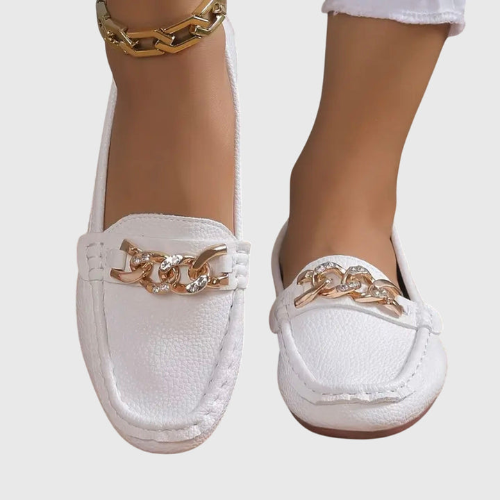 Womens Casual Slip-On Flat Loafers with Gold Chain Detail