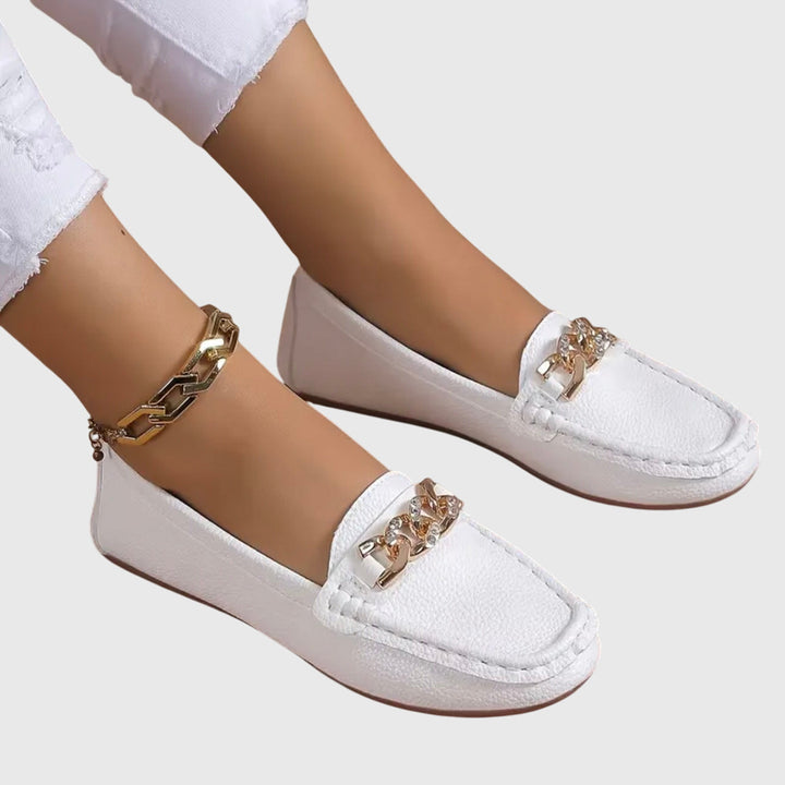 Womens Casual Slip-On Flat Loafers with Gold Chain Detail