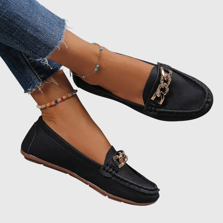 Womens Casual Slip-On Flat Loafers with Gold Chain Detail