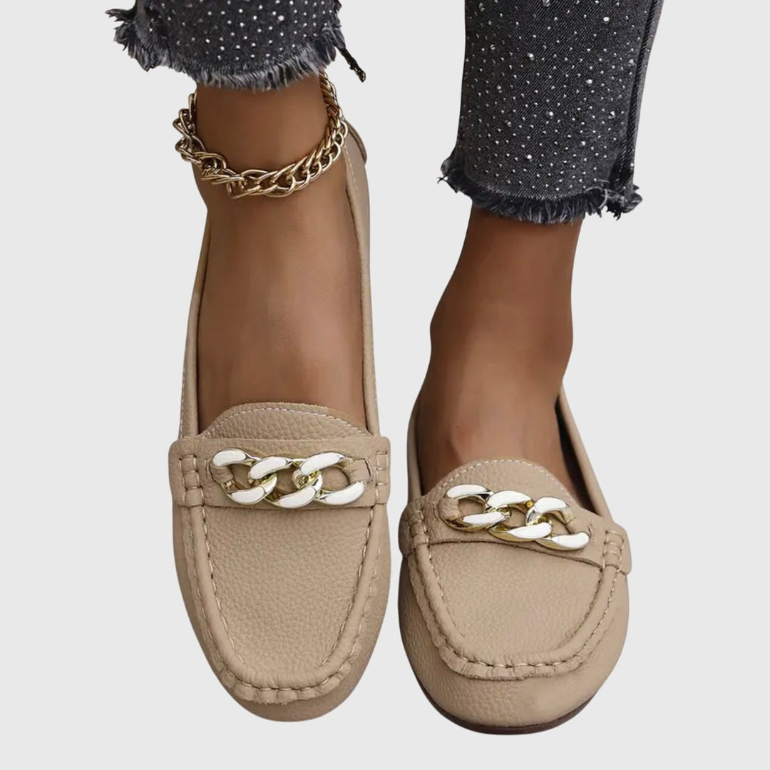 Womens Casual Slip-On Flat Loafers with Gold Chain Detail
