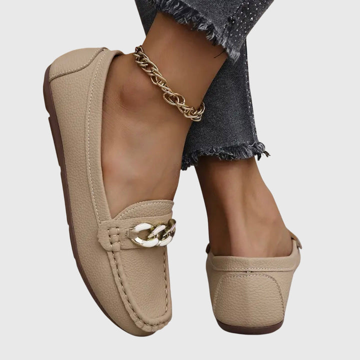 Womens Casual Slip-On Flat Loafers with Gold Chain Detail