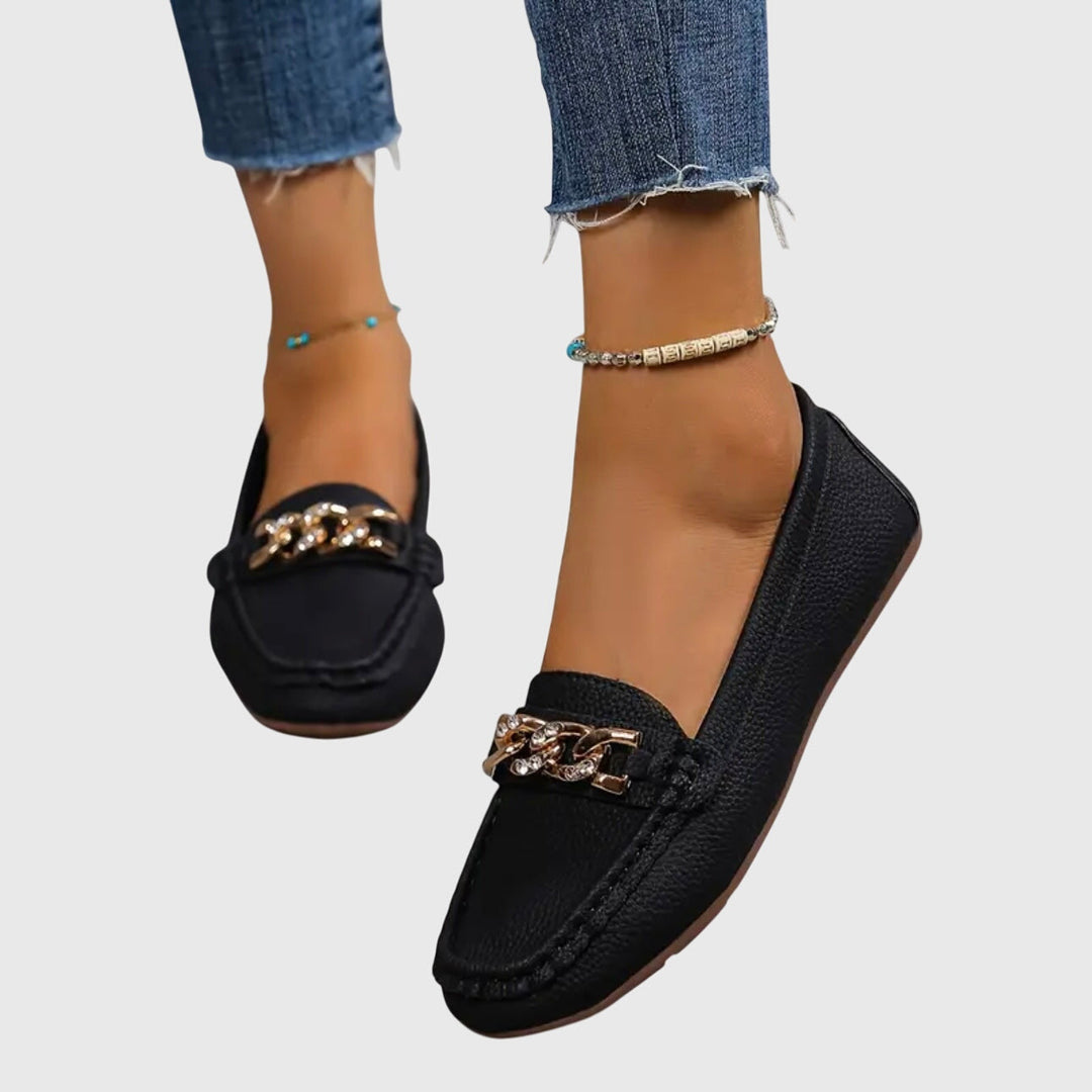 Womens Casual Slip-On Flat Loafers with Gold Chain Detail