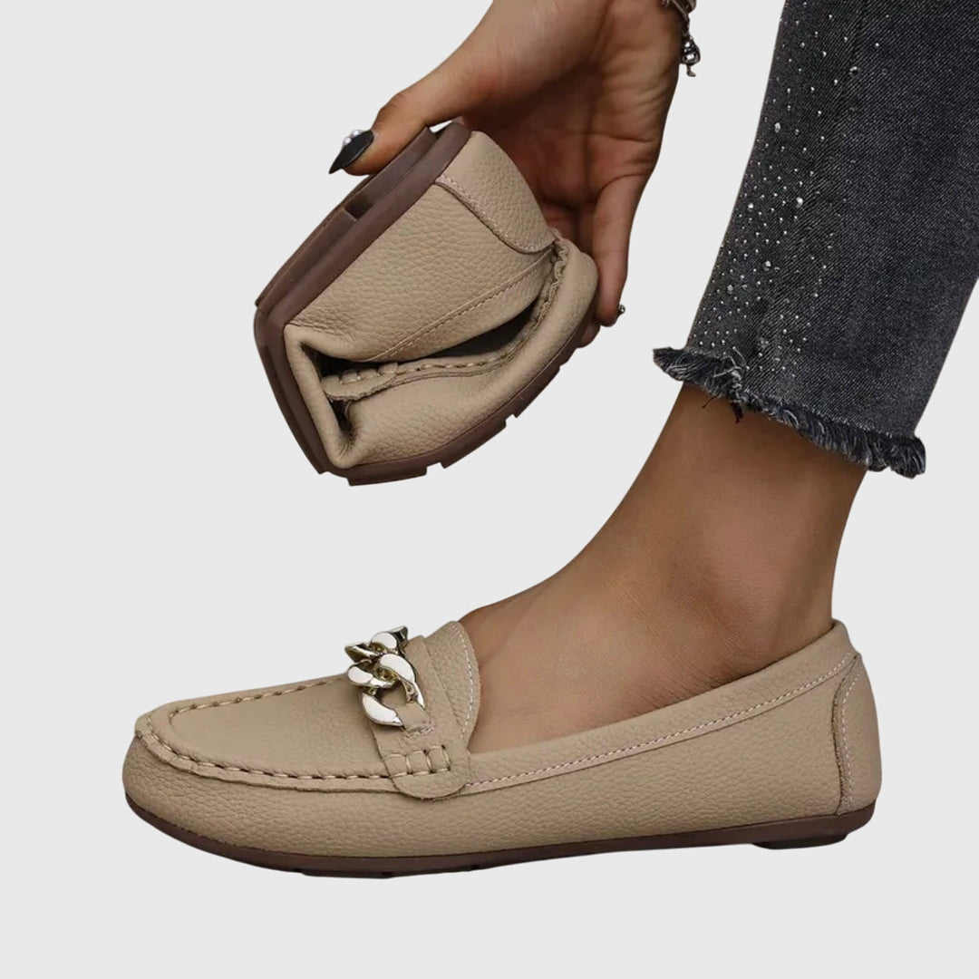 Womens Casual Slip-On Flat Loafers with Gold Chain Detail