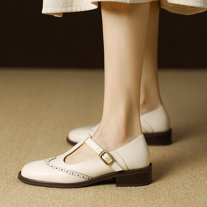 Womens Leather T-Strap Mary Jane Shoes Low Block Heel