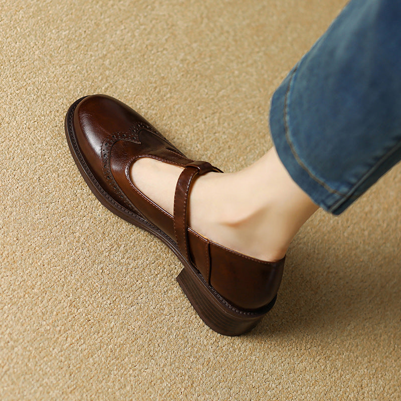 Womens Leather T-Strap Mary Jane Shoes Low Block Heel