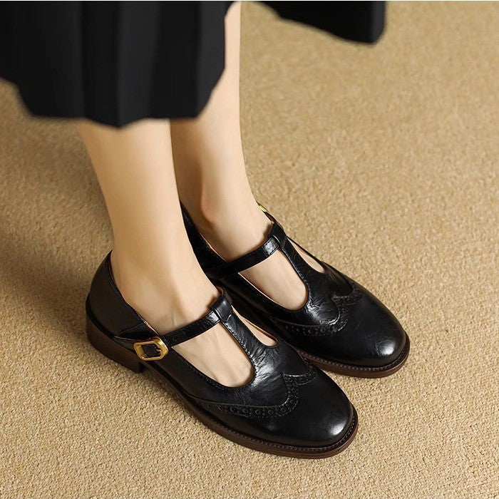 Womens Leather T-Strap Mary Jane Shoes Low Block Heel