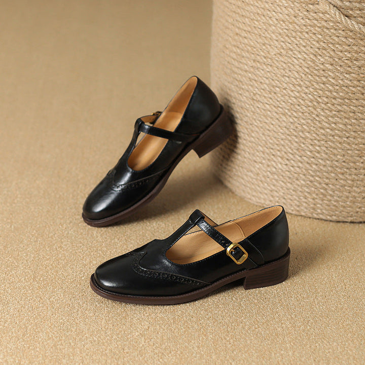 Womens Leather T-Strap Mary Jane Shoes Low Block Heel