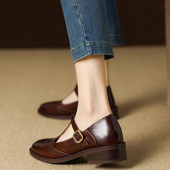 Womens Leather T-Strap Mary Jane Shoes Low Block Heel