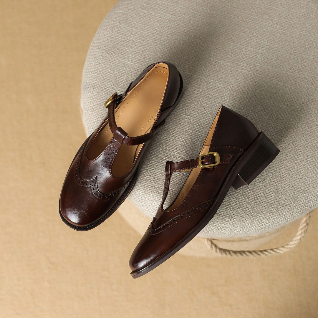 Womens Leather T-Strap Mary Jane Shoes Low Block Heel