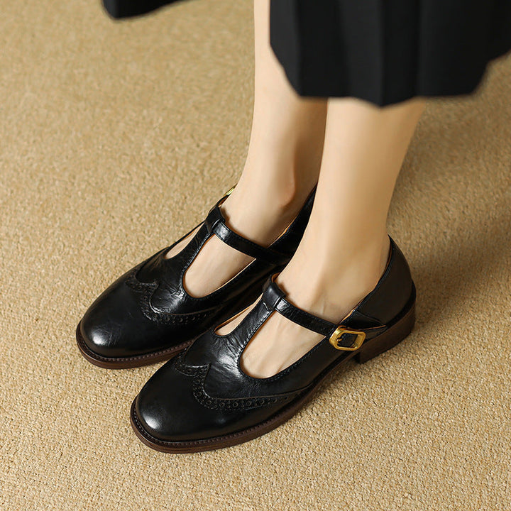 Womens Leather T-Strap Mary Jane Shoes Low Block Heel