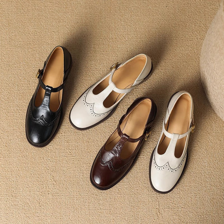 Womens Leather T-Strap Mary Jane Shoes Low Block Heel