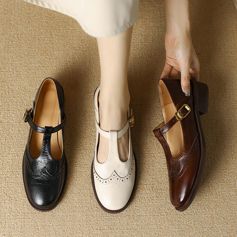 Womens Leather T-Strap Mary Jane Shoes Low Block Heel