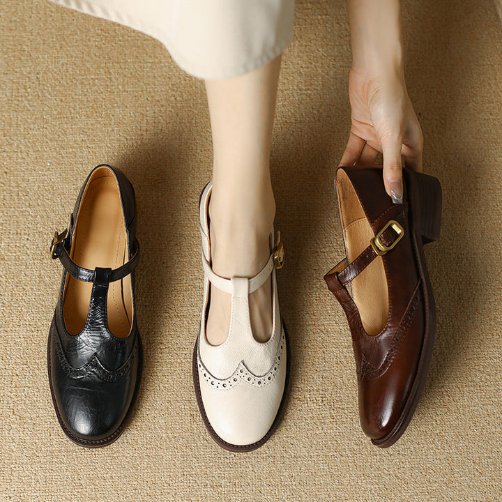 Womens Leather T-Strap Mary Jane Shoes Low Block Heel
