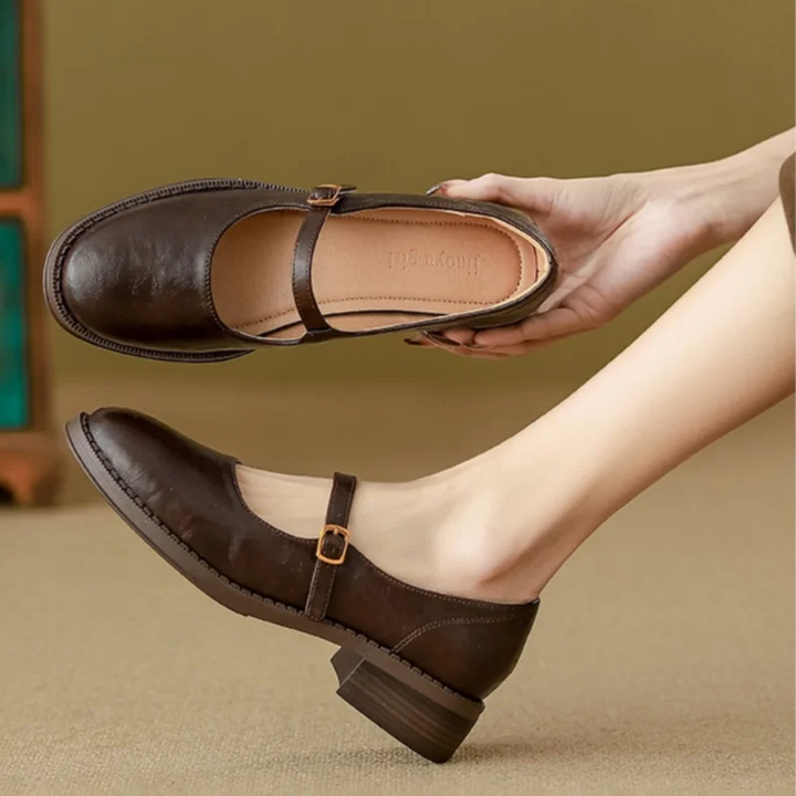 Womens Leather Mary Jane Shoes Low Block Heel Strap