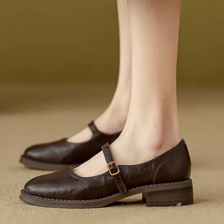 Womens Leather Mary Jane Shoes Low Block Heel Strap