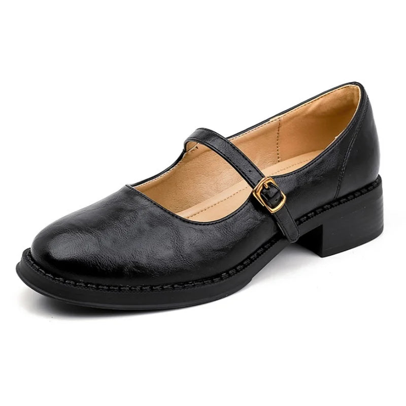 Womens Leather Mary Jane Shoes Low Block Heel Strap