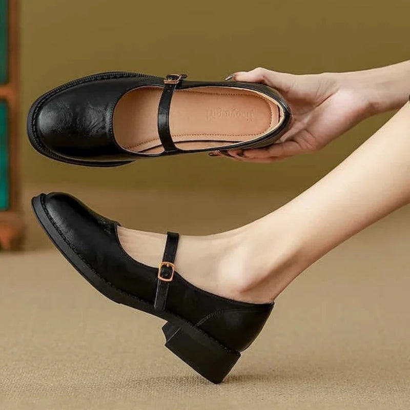 Womens Leather Mary Jane Shoes Low Block Heel Strap