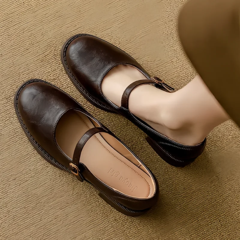 Womens Leather Mary Jane Shoes Low Block Heel Strap