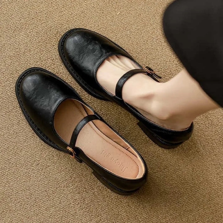 Womens Leather Mary Jane Shoes Low Block Heel Strap