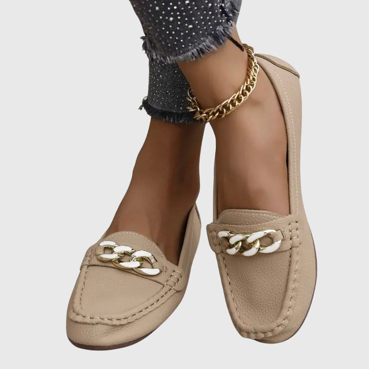Womens Casual Slip-On Flat Loafers with Gold Chain Detail