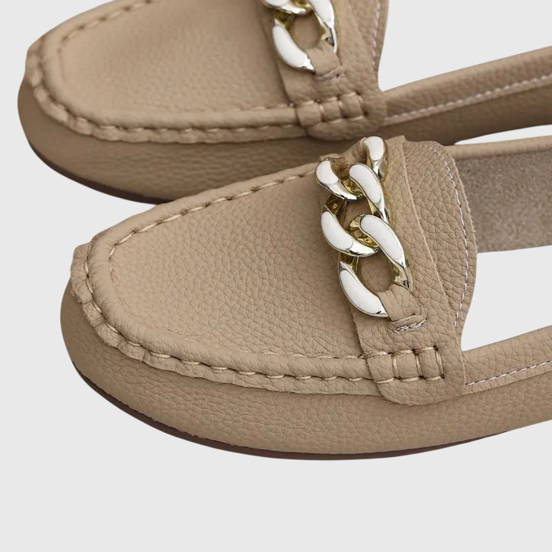Womens Casual Slip-On Flat Loafers with Gold Chain Detail